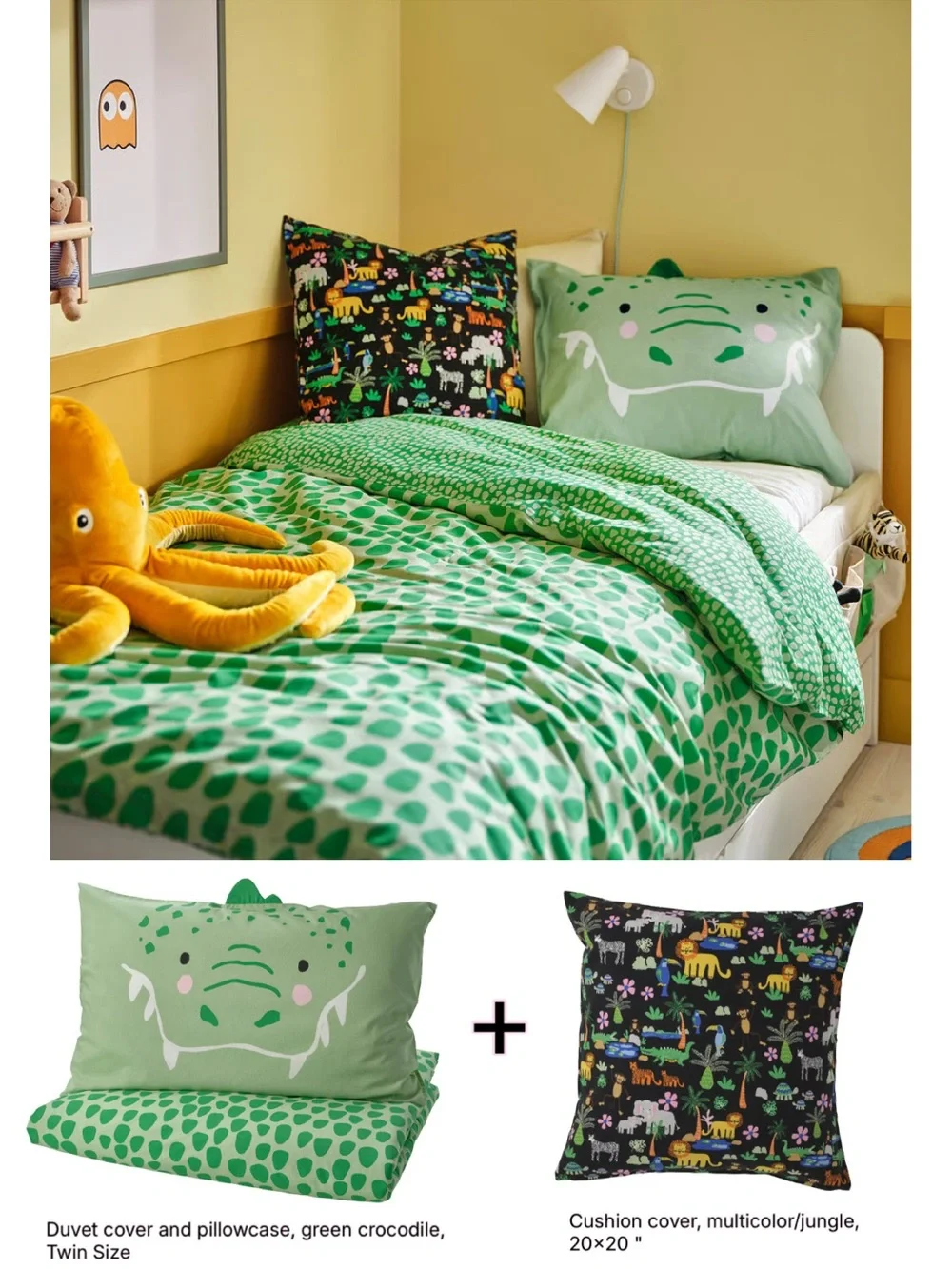 Green Crocodile Kids Duvet Cover and Cushion Set - Playful Jungle Print